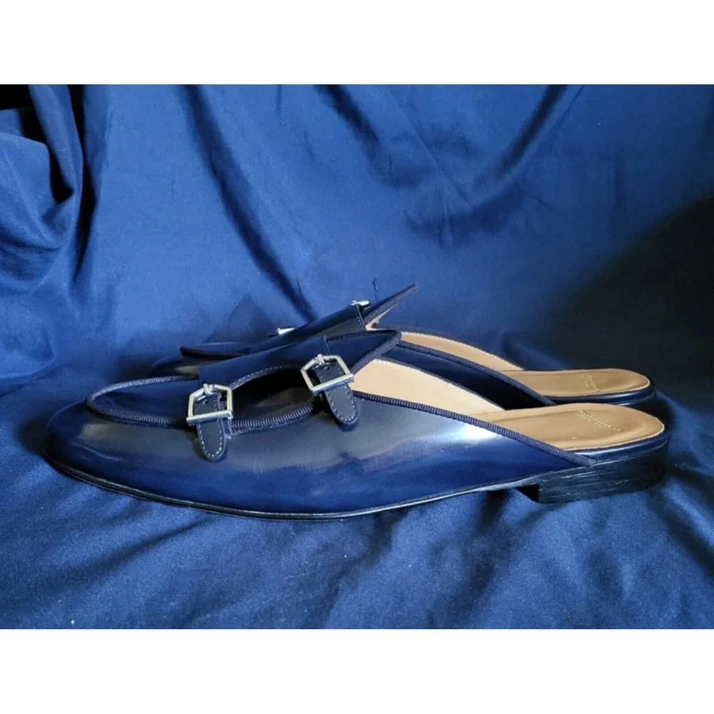 Superglamourous Men's Navy Polished Leather Monk-Straps Belgian‎ Mules Size 7